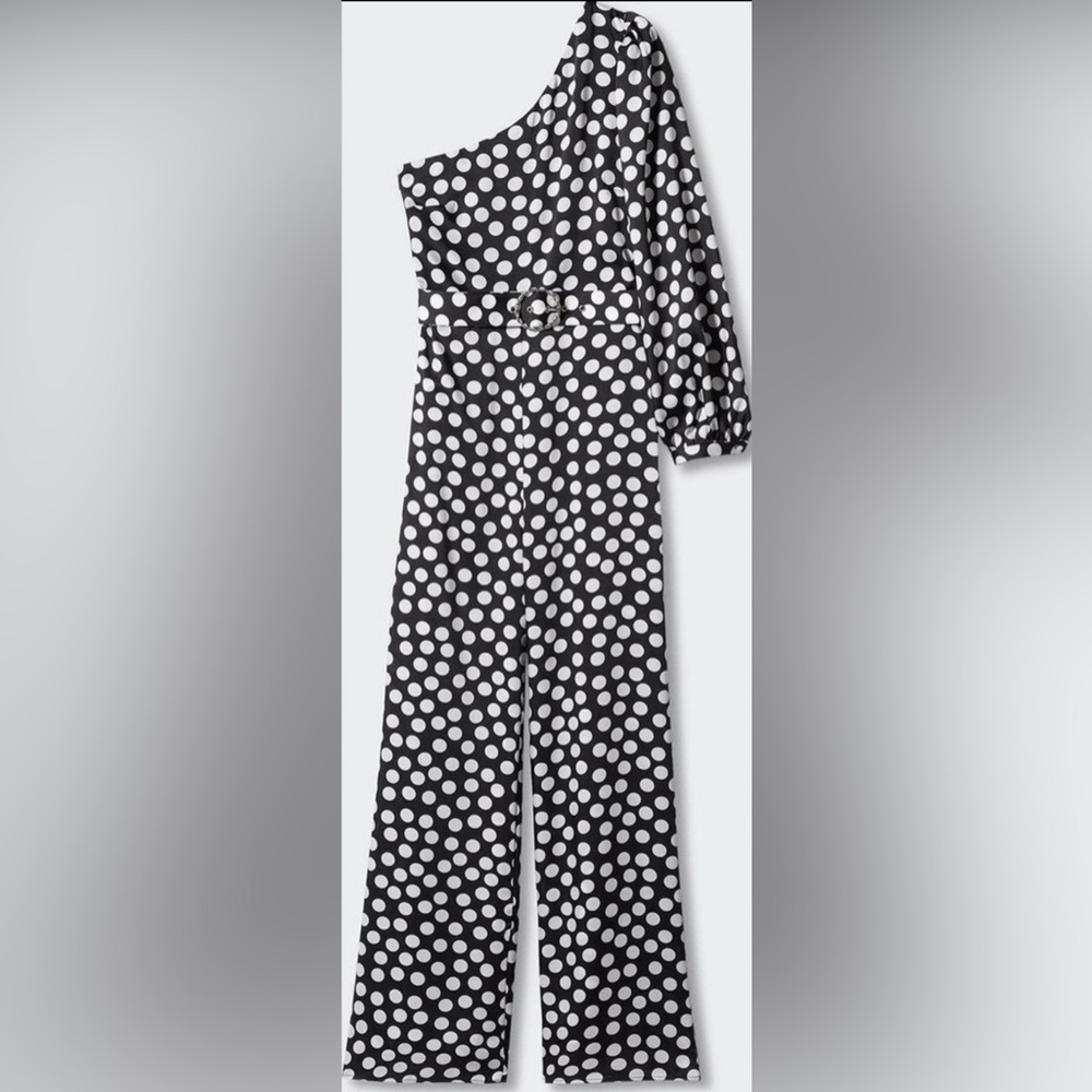 Mango Asymmetrical Polka‎ Dot Jumpsuit Women’s XL Black Cream Belted One Sleeve